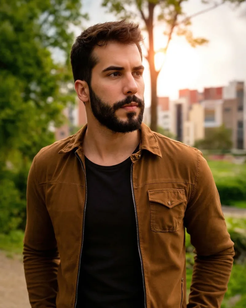 Estudo com IA: homem de jaqueta marrom em parque ao pôr do sol