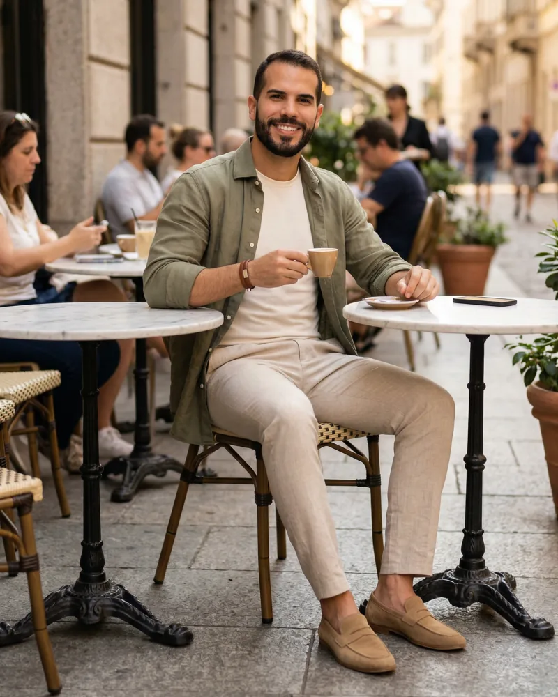 Estudo com IA: homem sentado em café ao ar livre